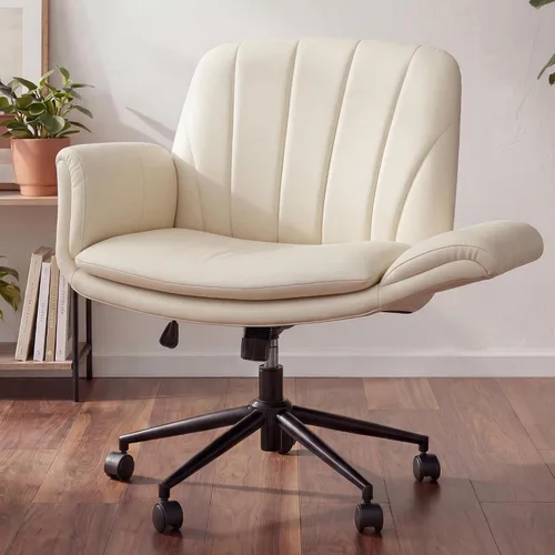 Vista 10 de Dowinx Silla Criss Cross con brazos y ruedas ajustables de cinco niveles - Cómoda silla giratoria ergonómica de cuero PU para tocador - Silla