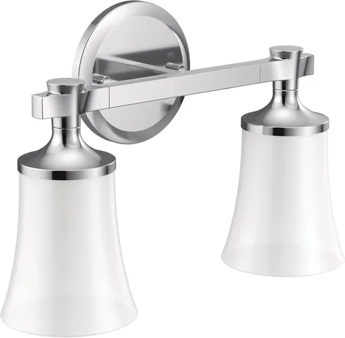Vista 6 de Moen YB0362NL Flara - Lámpara de tocador de baño de doble montaje con 2 luces con vidrio esmerilado, níquel pulido