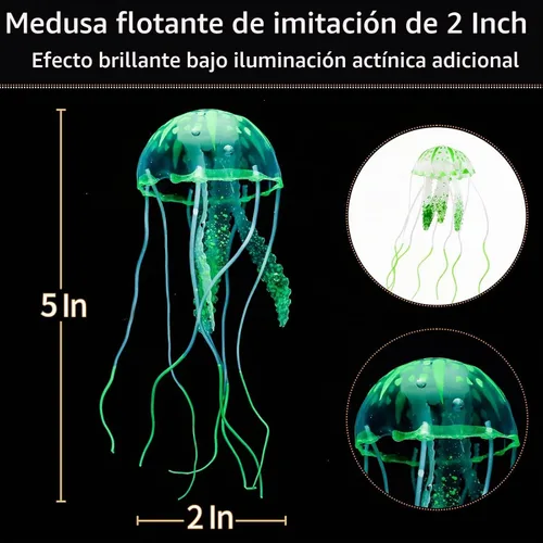 Vista 2 de Uniclife Paquete de 4 decoraciones para pecera, efecto brillante, decoración de acuario, pequeña medusa artificial de silicona, adorno de planta