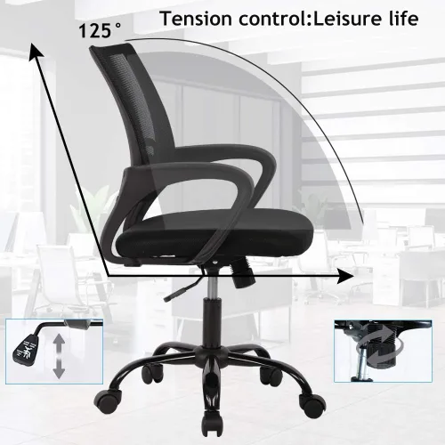 Vista 6 de Silla de escritorio para computadora, ergonómica, respaldo medio, silla de malla con soporte lumbar y reposabrazos, moderna, altura ajustable Negro