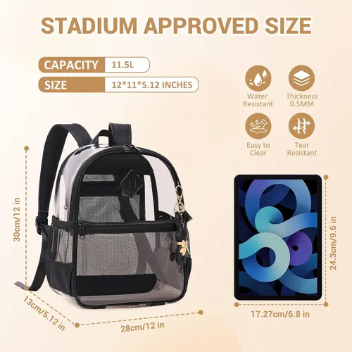 Vista 2 de MUSEVOS Mochila transparente para eventos de estadio aprobada 12x6x12, bolsa mini transparente de TPU gruesa con bolsillo frontal para conciertos