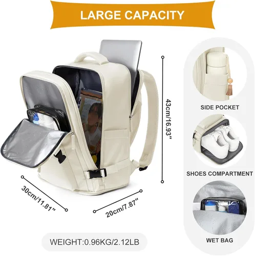 Vista 3 de coowoz Mochila de mano para mujeres y hombres, mochila de viaje aprobada por aerolíneas, mochila deportiva para laptop, A- Beige, Compacto