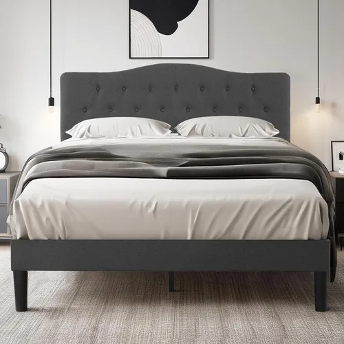 Vista 11 de VECELO Base de cama de plataforma de tamaño individual con cabecera tapizada de tela y soporte de listones de madera, no necesita somier/fácil Beige