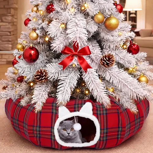 Vista 2 de Falda de árbol de Navidad con diseño de túnel de gato, cama a cuadros con Rojo