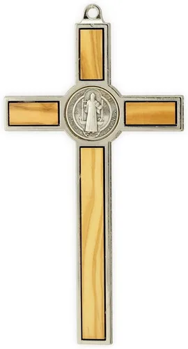 Vista 2 de RosaryMart St. Benedict - Crucifijo colgante de metal con incrustaciones de madera, 5 1/4 pulgadas