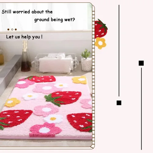 Vista 4 de Tapete de baño suave y acogedor con diseño de fresa, antideslizante, lavable, tapete lanudo para dormitorio, tapete absorbente de flores, tapete