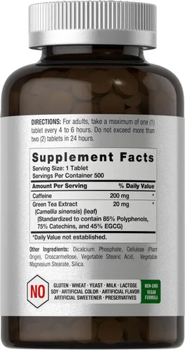 Vista 2 de Horbäach Píldoras de cafeína de 220 mg con té verde 500 tabletas Vegetarianas, sin OMG y sin gluten