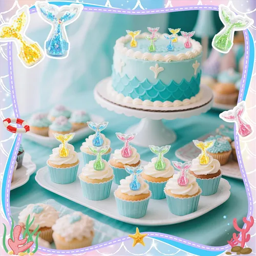 Vista 5 de 24Pcs Mermaid Tails Cupcake Ring Toppers Under the Sea Cupcake Topper for Mermaid theme Birthday Party Cake Decorations Baby Shower Weeding