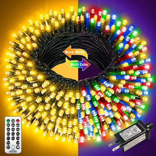 Vista 35 de Juego de 2, luces de Navidad, 200 pies, 600 LED, exterior/interior, guirnalda luces, 8 modos, impermeables, cable verde, parpadeantes, árbol, patio