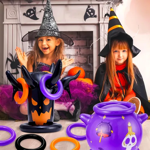 Vista 6 de Juego de lanzamiento de anillos de Halloween, inflable, espeluznante, juego de lanzamiento de brujas para niños, suministros de fiesta de Halloween