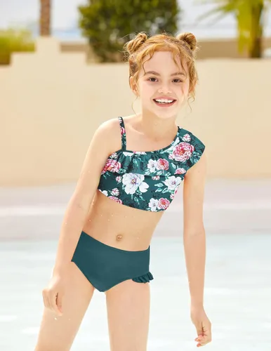 Vista 2 de Arshiner Traje de baño para niñas con volantes y volantes estampados de dos piezas