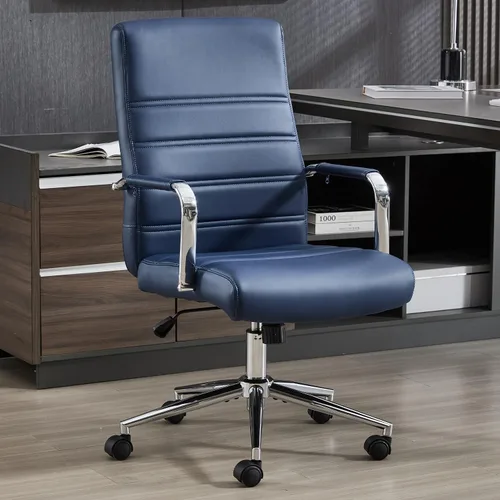 Vista 10 de Silla de escritorio de oficina de cuero, sillas de sala de conferencias con ruedas, sillas de oficina ejecutivas modernas de altura ajustable, silla