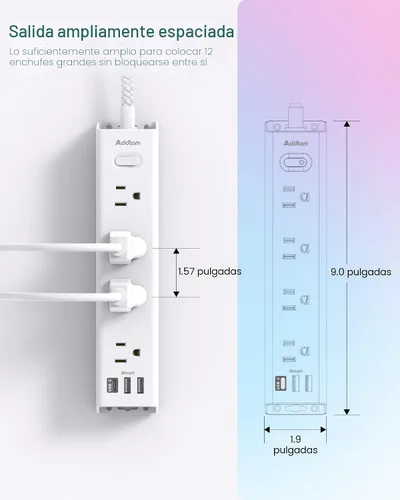 Vista 7 de Regleta protectora de sobretensiones – Cable de extensión de 10 pies, regleta de alimentación con 12 salidas de CA amplias 3 USB, enchufe plano