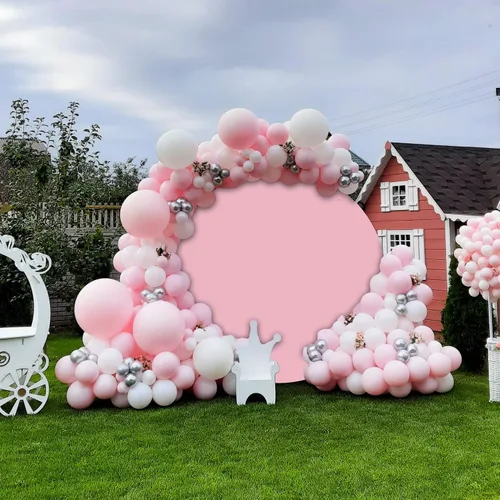 Vista 3 de Fondo de camarón rosa redondo rosa de 7.2 pies, fondo de fotografía circular con 4 clips para mujeres y niñas, suministros de decoración de fiesta