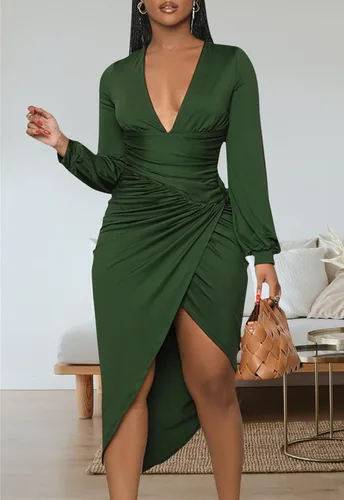 Vista 2 de Vestido sexy con cuello en V profundo para mujer, manga larga, abertura frontal, fruncido, elegante, vestido largo de fiesta