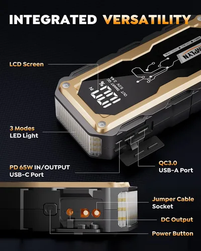 Vista 8 de Arrancador de salto de 5000 A, 24000 mAh portátil con cargador rápido de 65 W, batería de 12 V para automóvil, pantalla LED, motor diesel