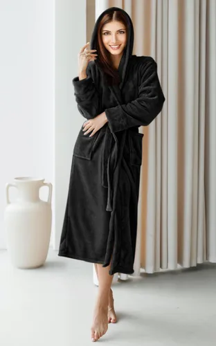 Vista 5 de NY Threads - Bata de baño de vellón con capucha para mujer, larga y afelpada