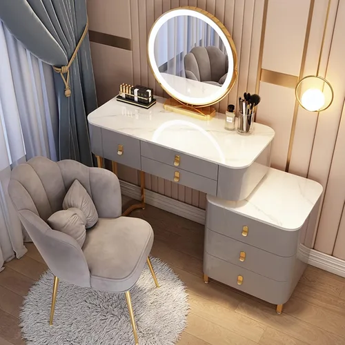 Vista 20 de Tocador, tocador de maquillaje con taburete acolchado, tocador con espejo iluminado LED y mesa auxiliar, mesa de maquillaje con 3 cajones