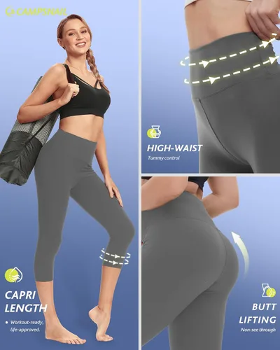 Vista 3 de Paquete de 4 leggings capri para mujer, pantalones capri de cintura alta, control de abdomen, pantalones de yoga con bolsillos, mallas de ciclismo
