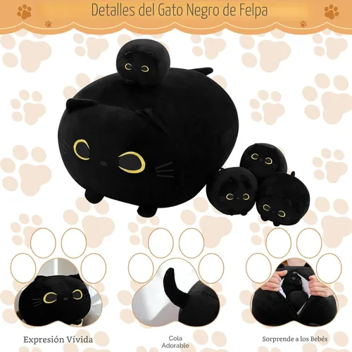 Vista 2 de TOYSYM Gato Negro de Peluche Mamá Gato de Peluche Juguetes con 4 Bebés Blanditos en su Vientre Almohadas Suave Lindas para Abrazar para Niños y Niñas