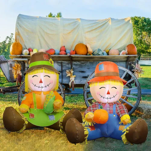Vista 6 de Lulu Home Decoración inflable de otoño de 3.3 pies, juego de 2 espantapájaros soplados con aire para parejas con luces LED integradas para cosecha