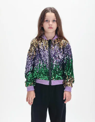 Vista 4 de WELAKEN Chaqueta bomber de lentejuelas ombré con bolsillos para niñas, ligera, brillante, manga larga, cremallera degradada, chaquetas para niños
