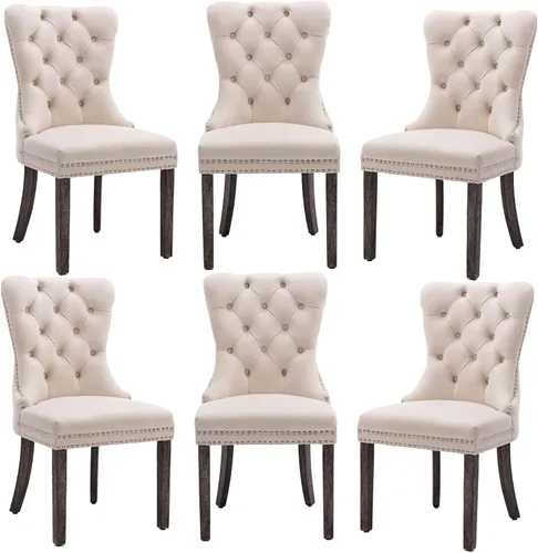 Vista 24 de Juego de 2 sillas de comedor de terciopelo beige, elegantes capitoné