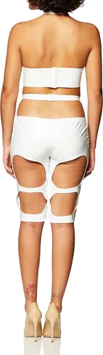 Vista 3 de Body elástico con tiras de elementos futuristas para mujer con recortes, Blanco