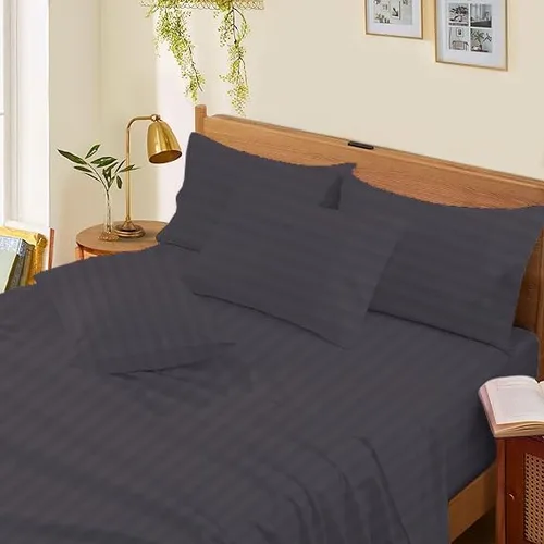 Vista 24 de Sábanas de cama tamaño Queen – 21 pulgadas de profundidad – Juego de 4 sábanas 100% algodón egipcio, rayas plateadas, de lujo, súper suavidad