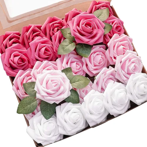 Vista 51 de Floroom Flores artificiales, 25 piezas de rosas falsas de espuma dorada antigua de aspecto real con tallos para ramos de boda DIY, centros de mesa