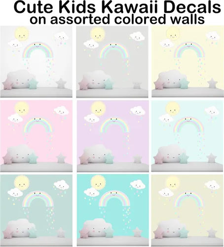 Vista 6 de Calcomanías de pared para niñas, diseño de arco iris, habitación de bebé, vinilo para habitación de niños, decoración de dormitorio (arcoíris kawaii)