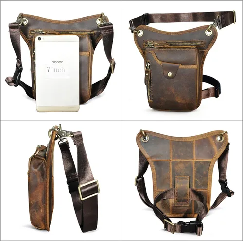 Vista 6 de Handadsume Riñonera de lona resistente al agua + cuero para motocicleta, riñonera de un hombro para hombres y mujeres FB211-6, 100% Cuero