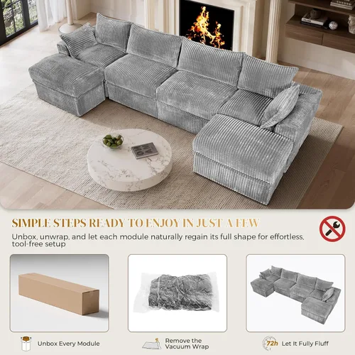 Vista 9 de Sofá modular sin hueso de 122 pulgadas con almacenamiento, sofá nube en forma de U con asiento extra profundo, sofás seccionales de pana de 6 plazas