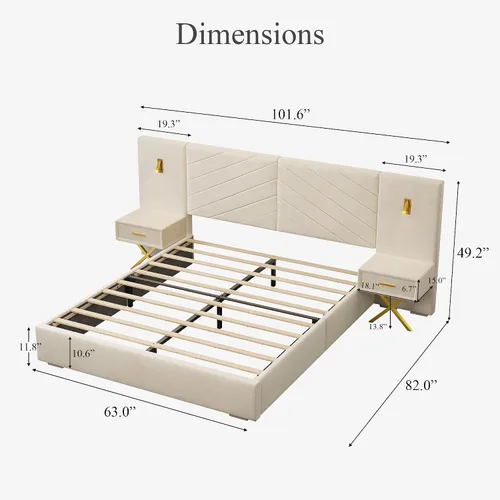 Vista 2 de DEINPPA Base de cama Queen de lujo con luces LED doradas integradas y mesitas de noche, cama de plataforma tamaño Queen con cabecera tapizada