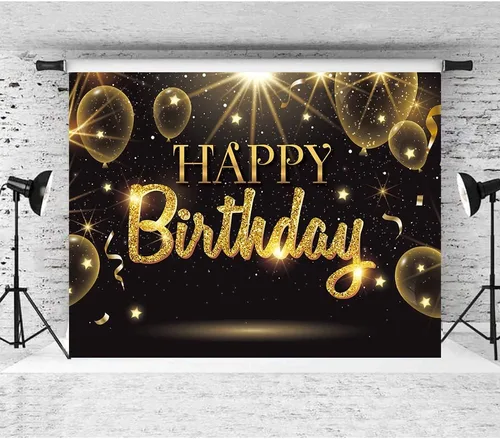 Vista 4 de Telón de fondo negro dorado para decoración de fiesta de feliz cumpleaños, cartel de globos dorados con purpurina y estrella para cumpleaños, telón