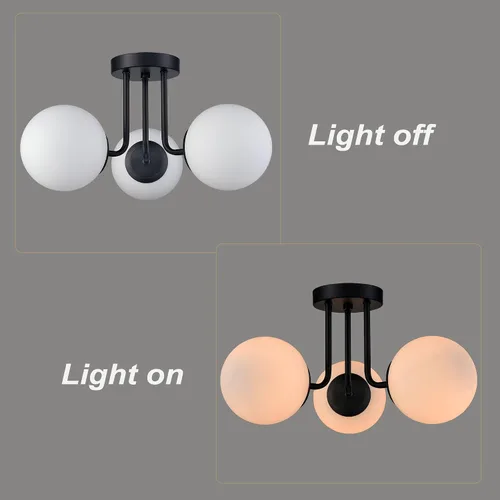Vista 8 de Lámpara de techo semiempotrada moderna de metal negro de 3 luces con pantalla de vidrio de globo blanco, lámpara de montaje en techo para pasillo