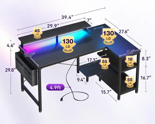 Vista 3 de ODK Escritorio para juegos de 40 pulgadas con tomas de alimentación USB y luces LED, escritorio reversible en forma de L con estantes
