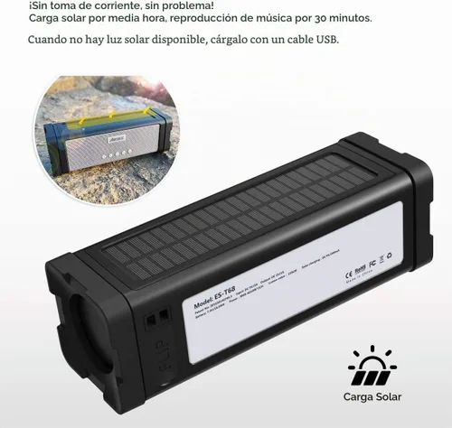Vista 9 de Altavoz solar Bluetooth, IPX7, impermeable, portátil, de 20 W, con 27 luces LED, batería de 5000 mAh, micrófono, tarjeta TF, para ducha al aire