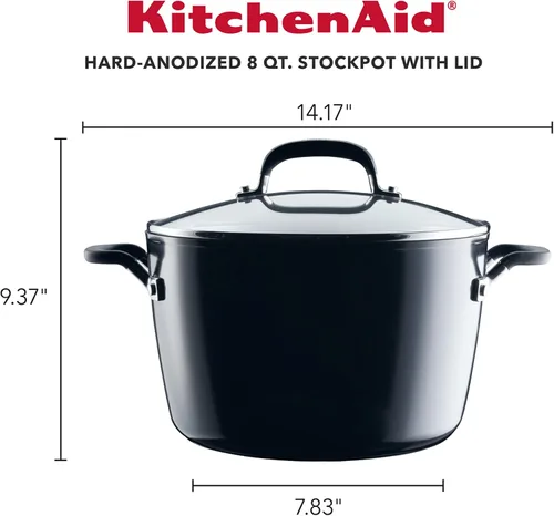 Vista 2 de KitchenAid 84805 Olla antiadherente anodizada dura con tapa, 8 cuartos de galón, color negro ónix