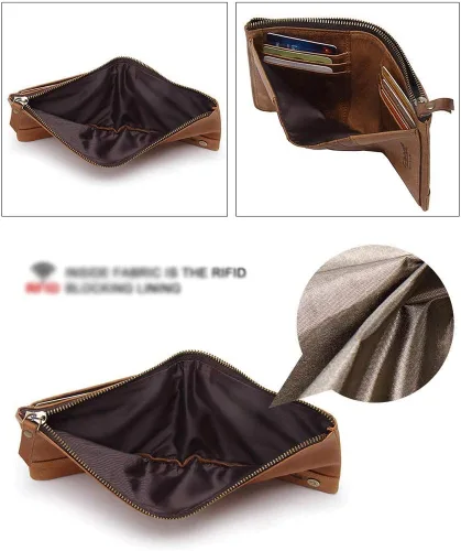 Vista 6 de Walnut Retro Crazy Horse - Cartera de cuero multifunción de tres pliegues para hombre, estilo vertical