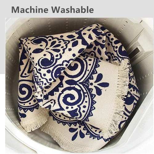 Vista 5 de Poowe Alfombra redonda de algodón tejida con borlas, lavable para sala de estar, dormitorio, cocina, baño (azul flor)