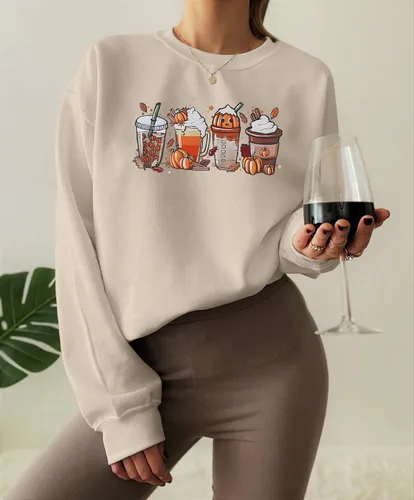 Vista 3 de LOTUCY Sudaderas de Halloween con diseño de calabaza y café para mujer, diseño de calabaza, especias, latte, otoño, cuello redondo, manga larga