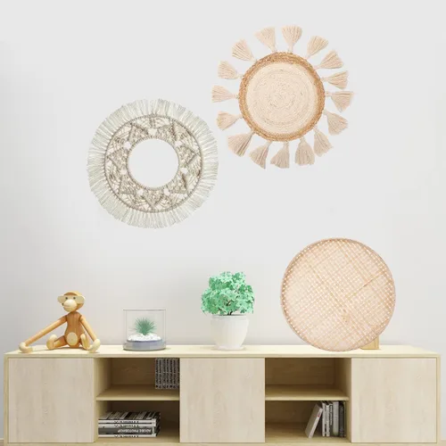 Vista 3 de LOCS MICRAI Juego de 3 cestas de pared bohemias, cesta tejida plana, decoración para colgar en la pared, borlas redondas, tapiz de macramé blanco