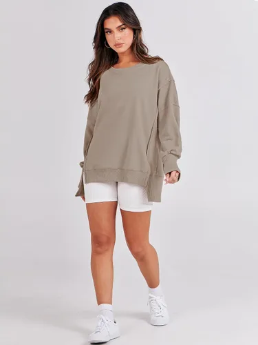 Vista 6 de ANRABESS Sudadera de gran tamaño para mujer, cuello redondo, manga larga, casual, con abertura, sin botones, ropa de otoño