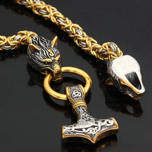 Vista 4 de QZY Cadena de oro y plata con collar Mjolnir, colgante de amuleto vikingo nórdico para hombre, martillo de Thor, cadena bizantina grande, redonda