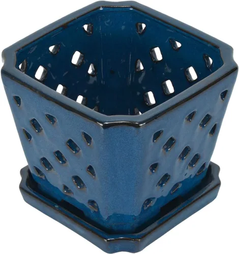 Vista 3 de W&W Ceramic Orchid Pot with Holes and Saucer for Repotting, Blue, 7" Azul
