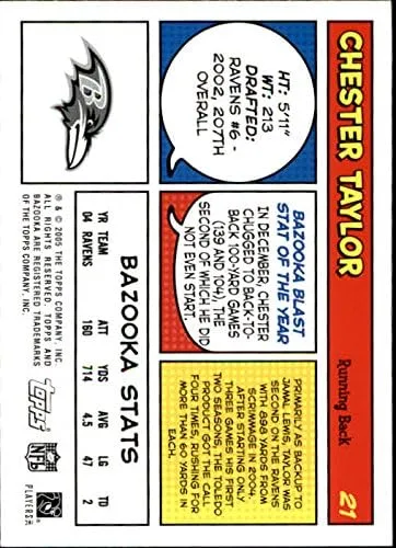 Vista 2 de 2005 Bazooka #21 Chester Taylor NFL Fútbol Trading Card