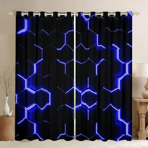 Vista 33 de Feelyou - Cortinas de ventana en forma de panal, tema geométrico hexagonal con luces de neón verdes, para chicos adolescentes y hombres, elegante