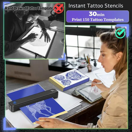 Vista 3 de Impresora de plantillas de tatuajes, máquina térmica portátil inalámbrica Bluetooth para artistas y principiantes, kit de transferencia de tatuajes