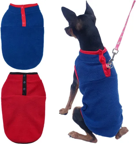 Vista 7 de Paquete de 2 suéteres para perro, chaqueta cálida para cachorros, abrigo de otoño e invierno, ropa de forro polar elástico para mascotas con botones